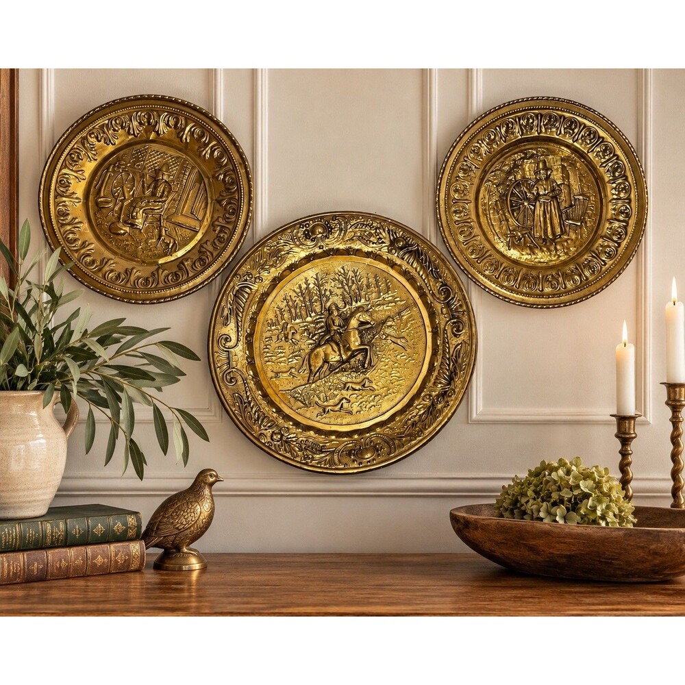 Set of 3 Embossed Brass Decorative Wall Plates Raised Relief, Made in England